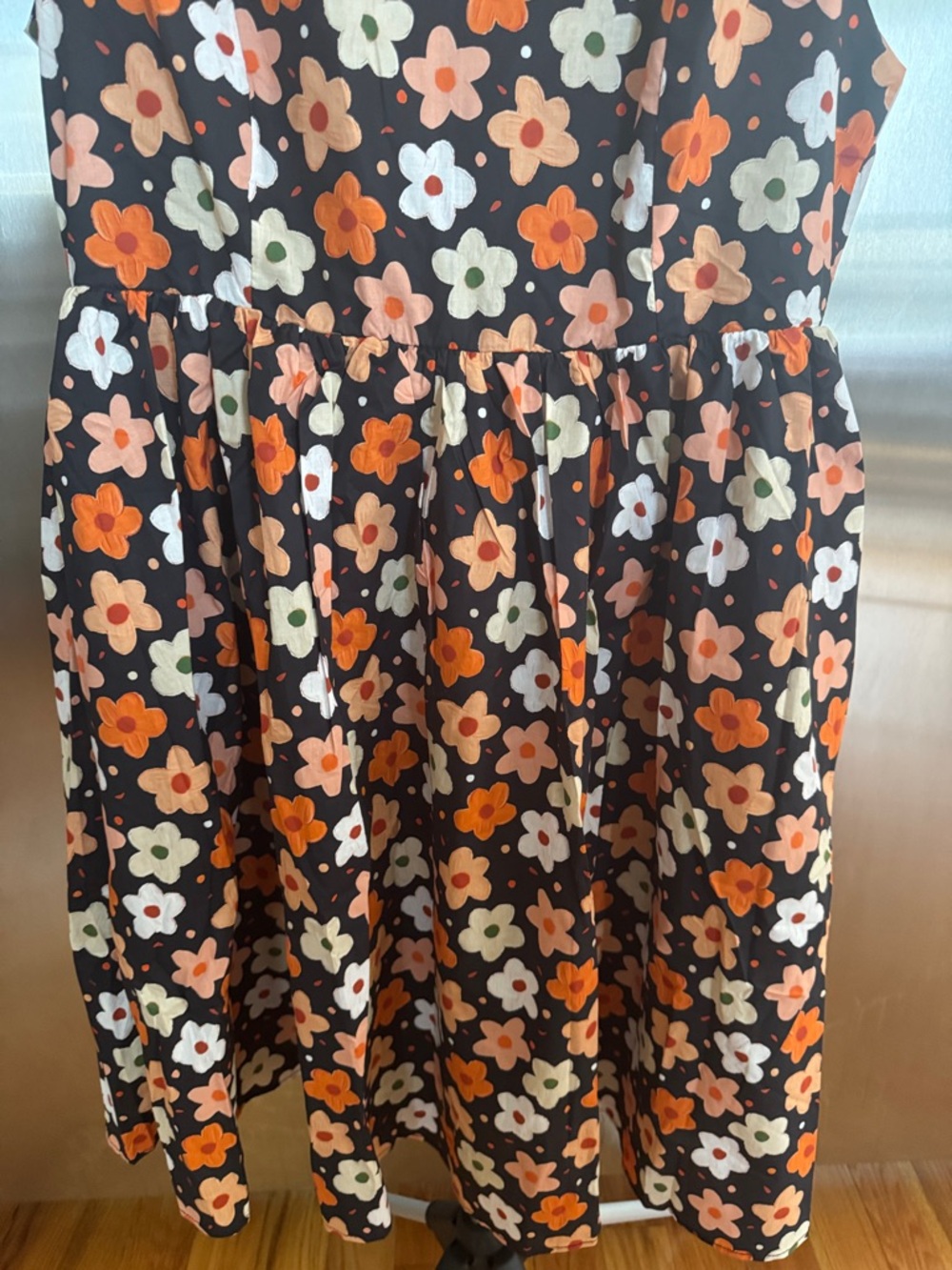 Black Floral Sleeveless women’s Dress with Orange and Cream Flowers - Picture 3 of 11